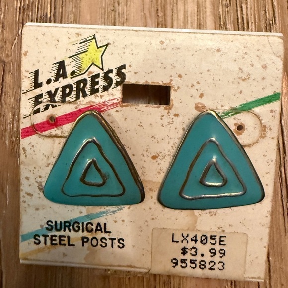 Vintage Classic 80s LA Express Yellow & Turq Triangle Earrings 2 pair 💛😎 - Picture 3 of 4